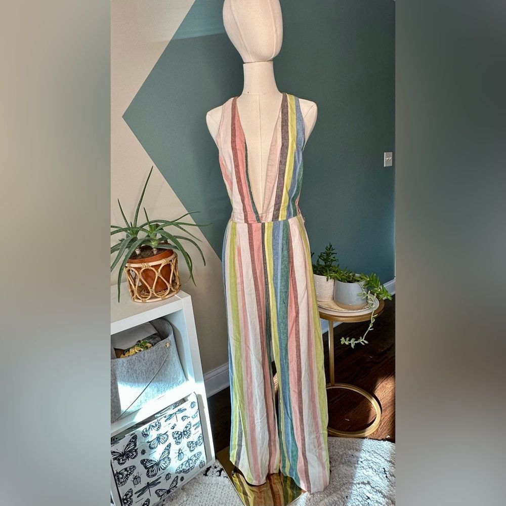 Free People My Kind Of Woman Garden Striped Jumpsuit Wide-Leg Cropped Overalls 0 - Picture 1 of 13